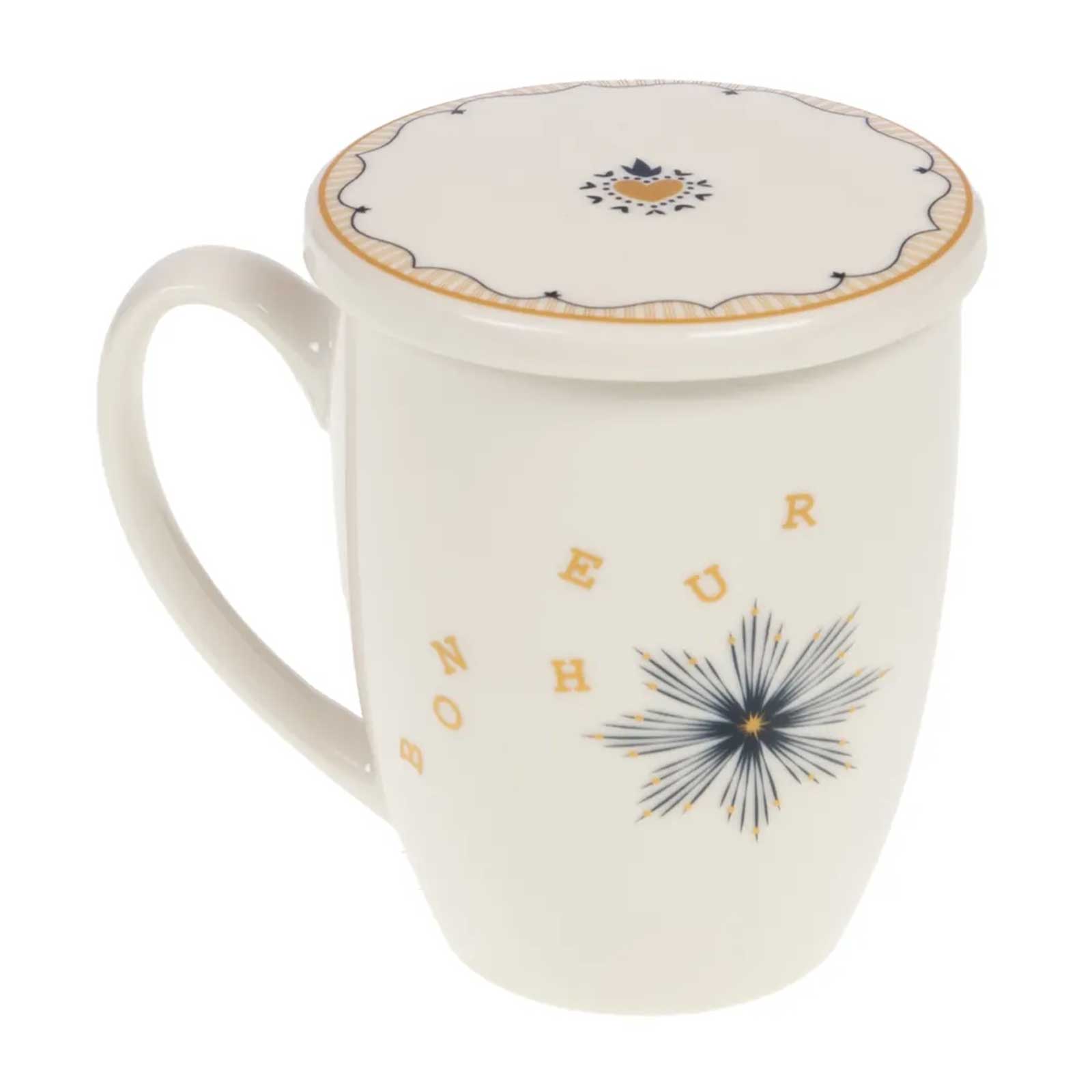 Tisanière Amadeus Poésie en porcelaine blanche avec lettres dorées "BONHEUR" et étoile bleue, couvercle assorti, coffret cadeau