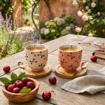 Deux gobelets Amadeus Griotte, un crème et un rose pâle, décorés de cerises peintes, sur une table en bois avec des cerises fraîches et une serviette