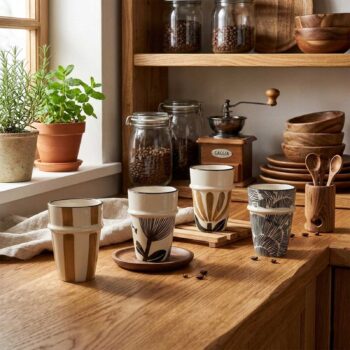 Quatre gobelets Amadeus Eva aux motifs variés (rayures dorées, fleurs noires, motifs végétaux) disposés sur un plan de travail en bois, avec des pots de café et des plantes en arrière-plan