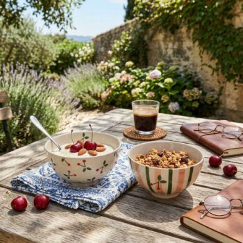Mini bol Amadeus Griotte à motif cerises, rempli de yaourt et garni de cerises et d'amandes, posé sur une serviette bleue et blanche, à côté d'un bol de granola et d'un expresso sur une table en bois en extérieur.