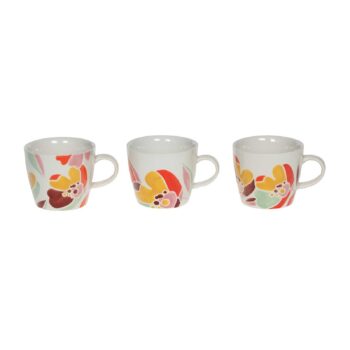 Trois tasses en céramique blanche Amadeus Alexia avec motifs floraux abstraits colorés, compatibles lave-vaisselle et micro-ondes