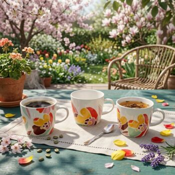 Trois mugs en céramique blanche peints à la main avec des motifs floraux colorés, disposés sur une table de jardin avec une tasse de café fumante, une tasse de thé et une tasse vide, entourés de pétales de fleurs et de grains de café.
