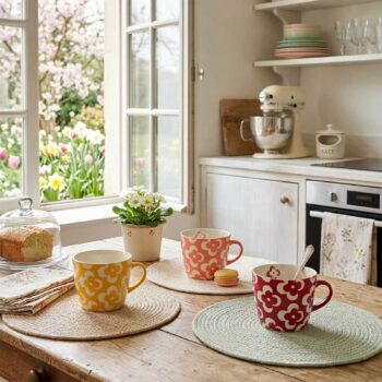Trois mugs Debbie aux motifs floraux colorés (jaune, rose, rouge) disposés sur des sets de table sur une table en bois, avec un gâteau sous cloche et une plante en arrière-plan.