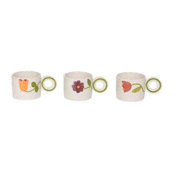 Trois tasses en grès blanc Amadeus Daphné peintes à la main avec motifs floraux de tulipes et anses vertes
