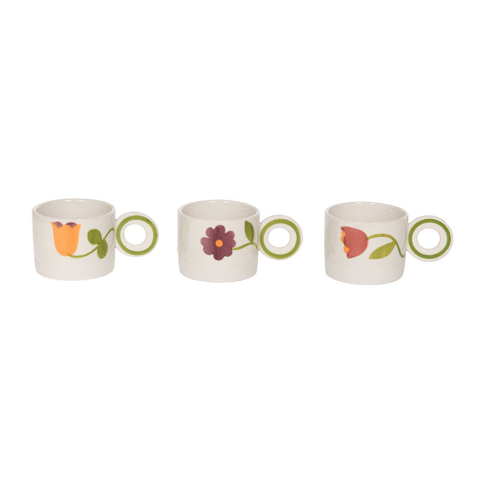Trois tasses en grès blanc Amadeus Daphné peintes à la main avec motifs floraux de tulipes et anses vertes