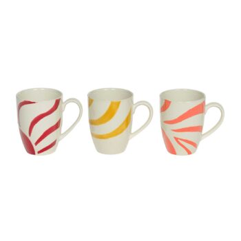 Trois mugs Amadeus Ilona 28cl en grès blanc avec rayures rouges, jaunes et corail, ambiance estivale