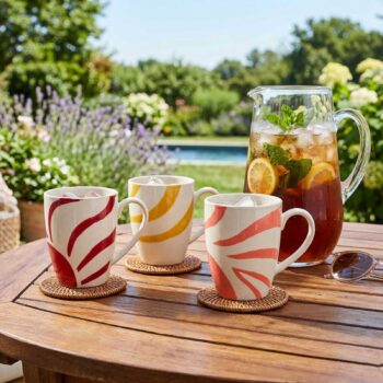Trois mugs en grès avec des rayures colorées (rouge, jaune, corail) sur une table en bois, avec une carafe remplie de thé glacé et des citrons en arrière-plan.