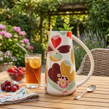 Pichet Alexia d'Amadeus blanc orné de motifs floraux peints à la main en rouge bordeaux, ocre jaune et vert menthe, posé sur une table en bois avec un verre de thé glacé et des fruits