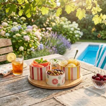Plateau apéritif Amadeus Zestine avec bols rayés et à motifs de fruits, serviettes, verre de thé glacé et cerises sur une table en bois dans un jardin ensoleillé