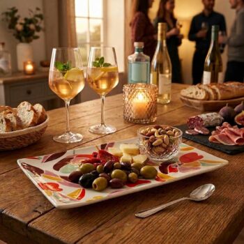 Plateau rectangulaire Amadeus Alexia avec décor floral coloré, garni d'olives, tomates séchées et fromages, serviettes et pain en arrière-plan