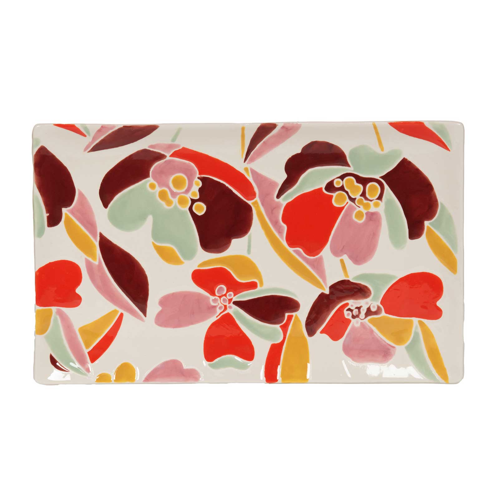 Plateau rectangulaire Alexia en faïence émaillée, décor floral rouge, bordeaux, rose, vert et jaune sur fond blanc cassé