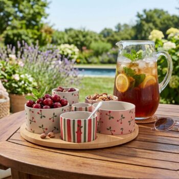 Plateau apéritif Amadeus avec 6 bols en grès décorés de cerises et de rayures, remplis de cerises, pistaches et un pichet de thé glacé