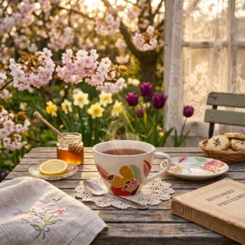 Tasse à thé Alexia de Cafés Querry avec motif floral multicolore, posée sur une table en bois avec un livre, des biscuits et un pot de miel, dans un jardin fleuri