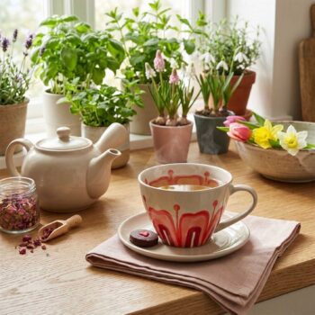 Tasse à thé Amadeus Debbie avec un motif floral rouge et rose sur fond beige, posée sur une soucoupe avec un biscuit, entourée d'une théière, de fleurs et de plantes