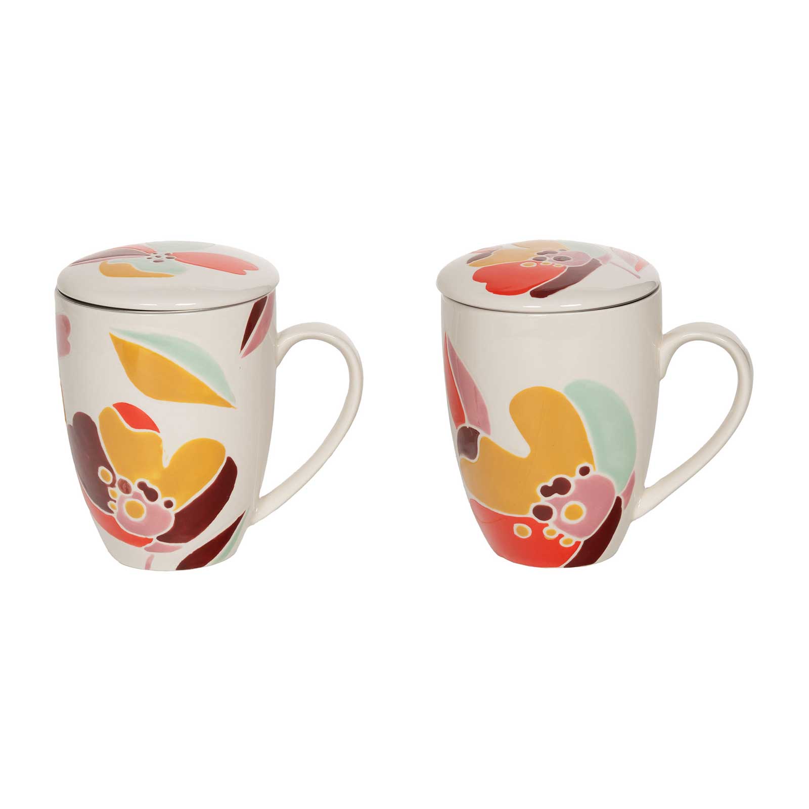 Deux tasses à tisane Amadeus Alexia en céramique blanche crème avec motif floral abstrait coloré et couvercles assortis