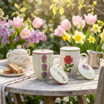 Tisanière Daphné verte à rayures et fleurs mauves, avec son filtre intégré, posée sur une table en bois avec des biscuits et des fleurs printanières en arrière-plan