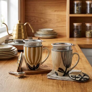 Deux tisanières Amadeus Eva en grès avec filtre intégré et couvercle, décorées de motifs floraux stylisés, sur une table en bois.