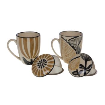 Deux tasses à tisane Amadeus Eva en grès avec motifs floraux stylisés, l'une avec des rayures dorées, l'autre avec des formes végétales noires, chacune accompagnée de son couvercle assorti et filtre intégré