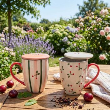 Deux mugs en grès avec couvercles filtrants, l'un à rayures roses et vertes avec des cerises, l'autre à motifs cerises sur fond crème, posés sur une table en bois dans un jardin fleuri