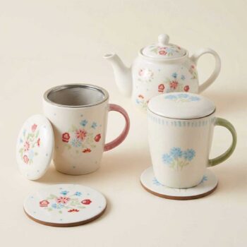 Service à thé Amadeus Juliette avec tisanière, mug, couvercle et sous-verres, motifs floraux roses et bleus