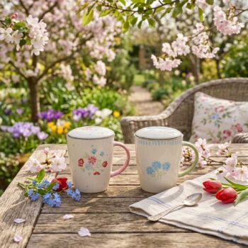 Deux tisanières Amadeus Juliette en grès blanc, l'une avec des motifs floraux roses et une anse rose, l'autre avec des fleurs bleues et une anse verte, posées sur une table en bois dans un jardin fleuri