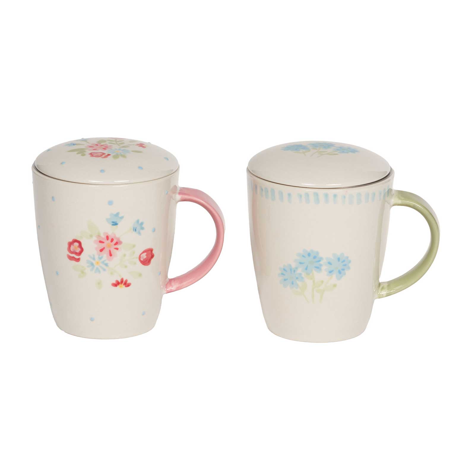 Tisanière Amadeus Juliette 38cl en grès blanc avec motifs floraux bleus et roses, anse verte et rose, et couvercle assorti