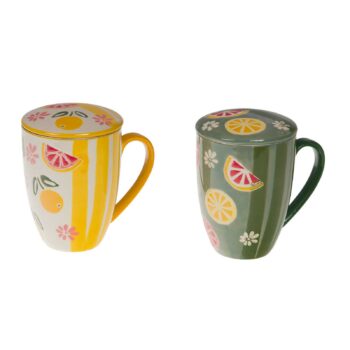 Tisanière Amadeus Zestine en grès jaune ou verte, motif agrumes et fleurs, avec couvercle et filtre intégré