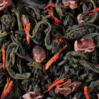 Mélange de thé vert Dammann Frères Pistacciatella avec des morceaux de cacao et des pétales de fleurs rouges