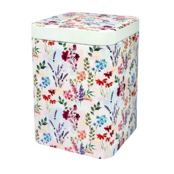 Boîte à thé Elfie D&B 100g avec motif floral aquarelle coloré, fond clair et couvercle blanc mat