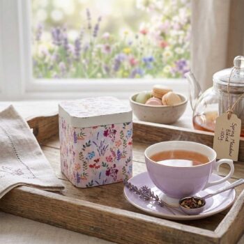Boîte à thé Elfie D&B avec un motif floral aquarelle rose et des fleurs colorées, posée sur un plateau en bois avec une tasse de thé fumante, des macarons et une théière.