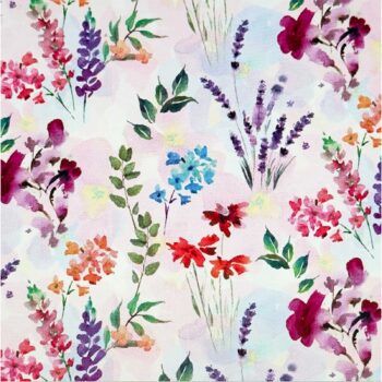 Motif floral aquarelle sur fond clair, avec des fleurs roses, violettes, bleues et rouges, évoquant un jardin d'été, design de la boîte à thé Elfie