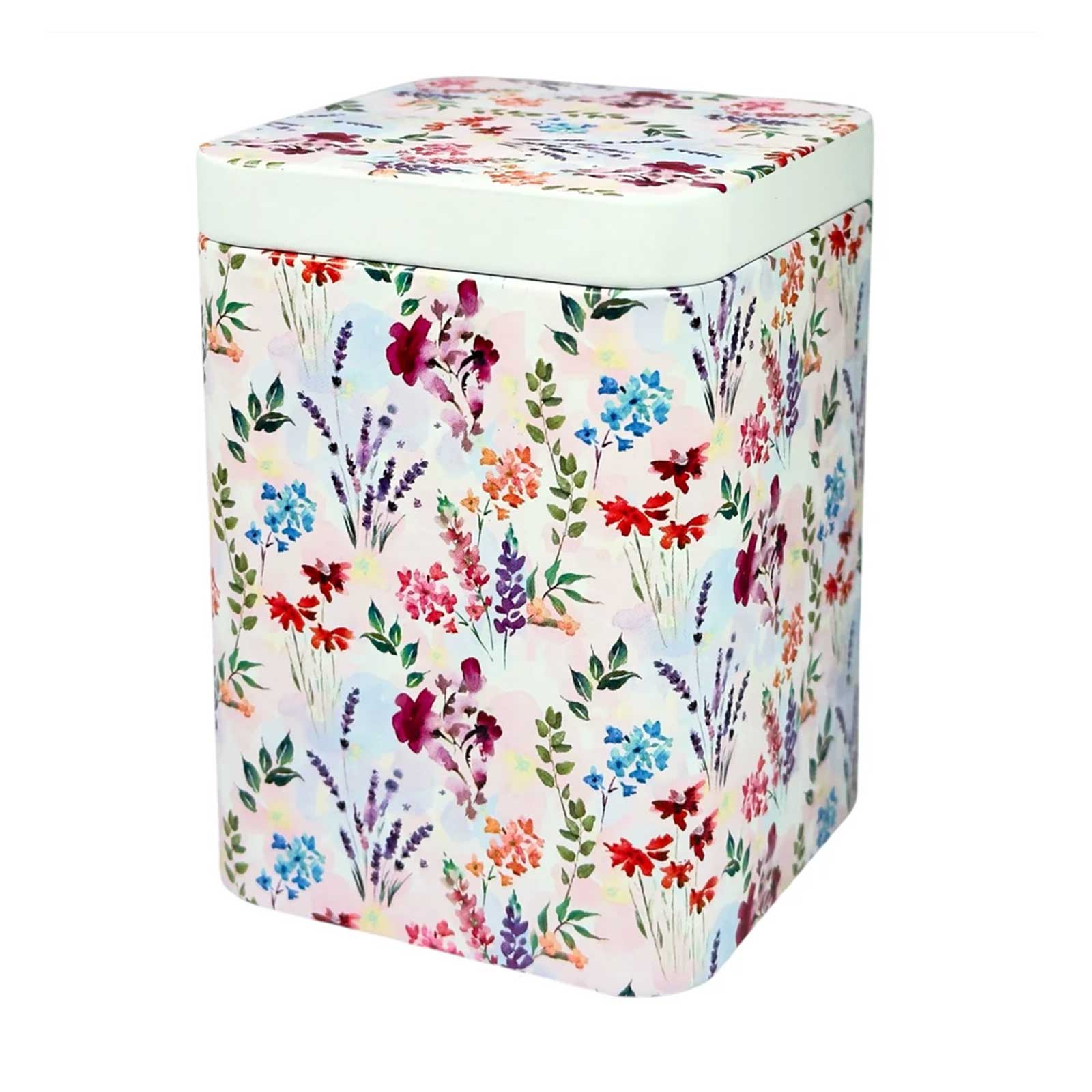 Boîte à thé Elfie D&B 100g avec motif floral aquarelle coloré, fond clair et couvercle blanc mat