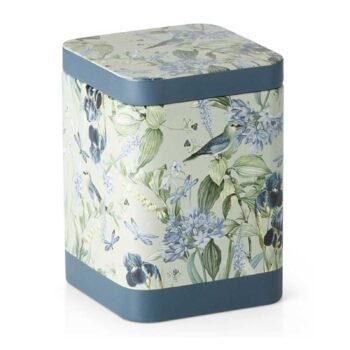 Boîte à thé D&B Blue Garden carrée décorée de motifs floraux et animaliers bleus et verts, 100g