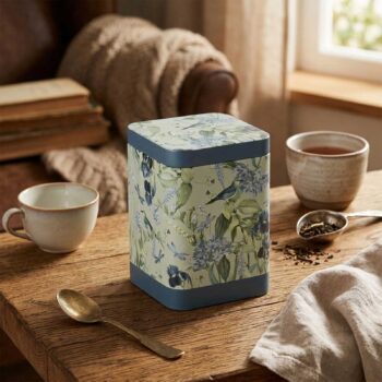 Boîte à thé carrée Blue Garden avec un décor floral bleu et vert, des oiseaux et des libellules, posée sur une table en bois avec une tasse de thé et une cuillère