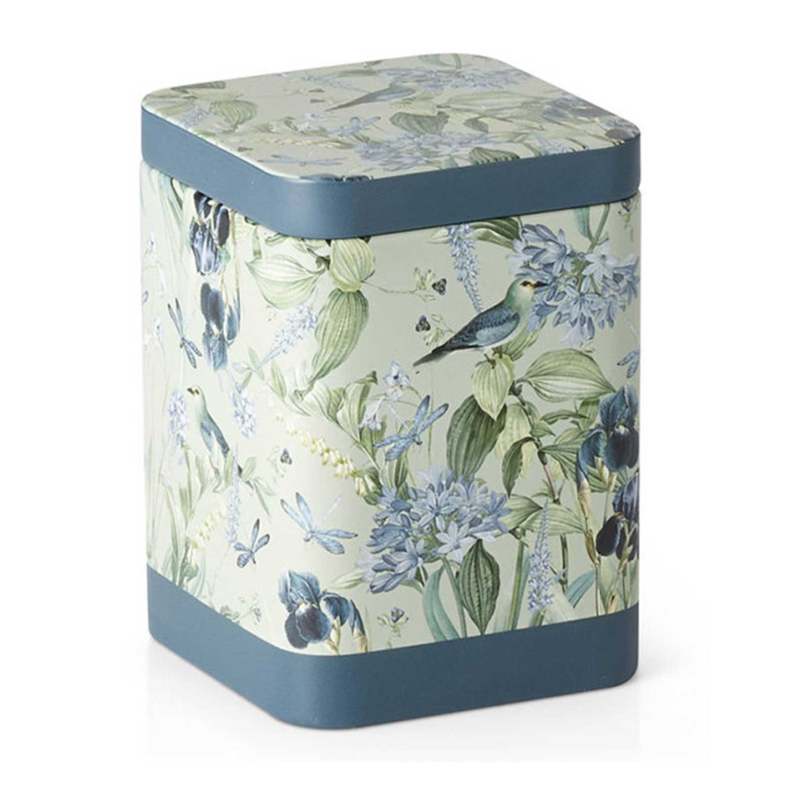 Boîte à thé D&B Blue Garden carrée décorée de motifs floraux et animaliers bleus et verts, 100g