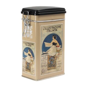Boîte métallique carrée D&B Europa beige avec illustration vintage de "L'Illustrazione Italiana", couvercle noir à clip