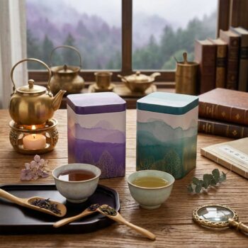 Deux boîtes à thé Golden Leaf aux motifs de montagnes abstraites, l'une violette, l'autre vert émeraude, sur une table en bois avec des tasses de thé, une théière dorée et des livres anciens.