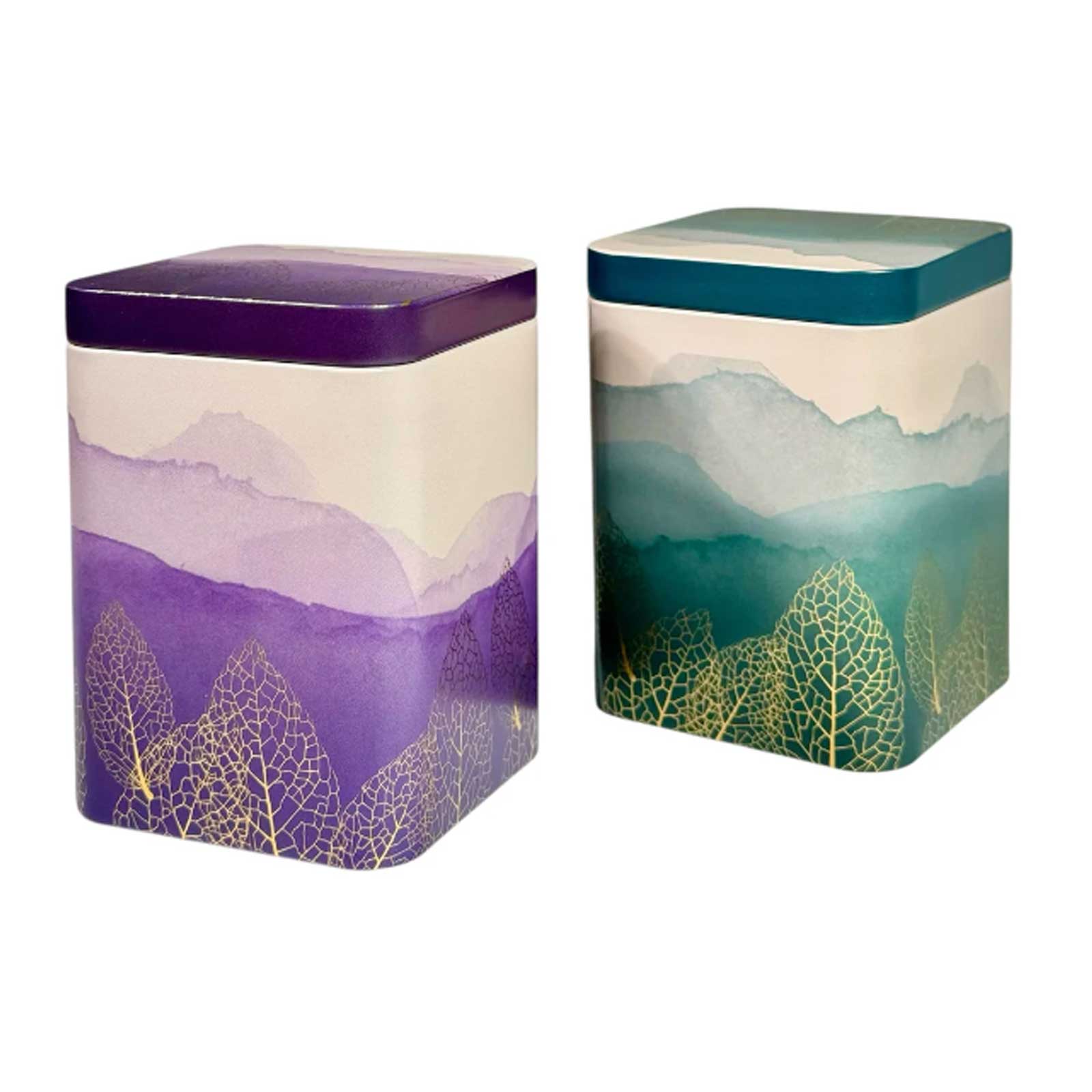 Boîtes à thé D&B Golden Leaf violette et vert émeraude avec feuilles dorées, sur fond blanc