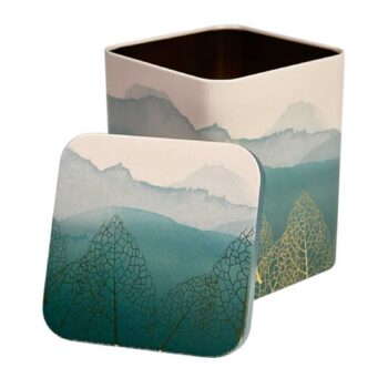 Boîte à thé carrée avec couvercle, décorée de montagnes bleues et de feuilles dorées stylisées, motif aquarelle