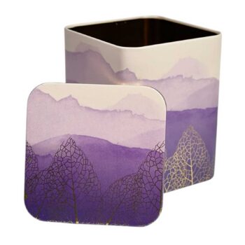 Boîte à thé carrée D&B Golden Leaf violette avec un couvercle assorti, décorée de montagnes abstraites et de feuilles dorées