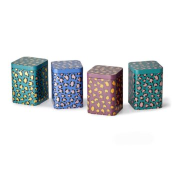 Boîte à thé D&B Jules carrée 100g, motifs léopard colorés turquoise et doré, sur fond blanc