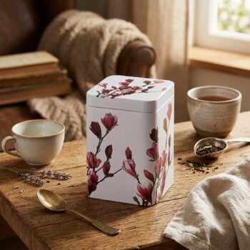 Boîte à thé Mayumi blanche décorée de magnolias violets photoréalistes, avec une tasse de thé et une cuillère à thé à côté