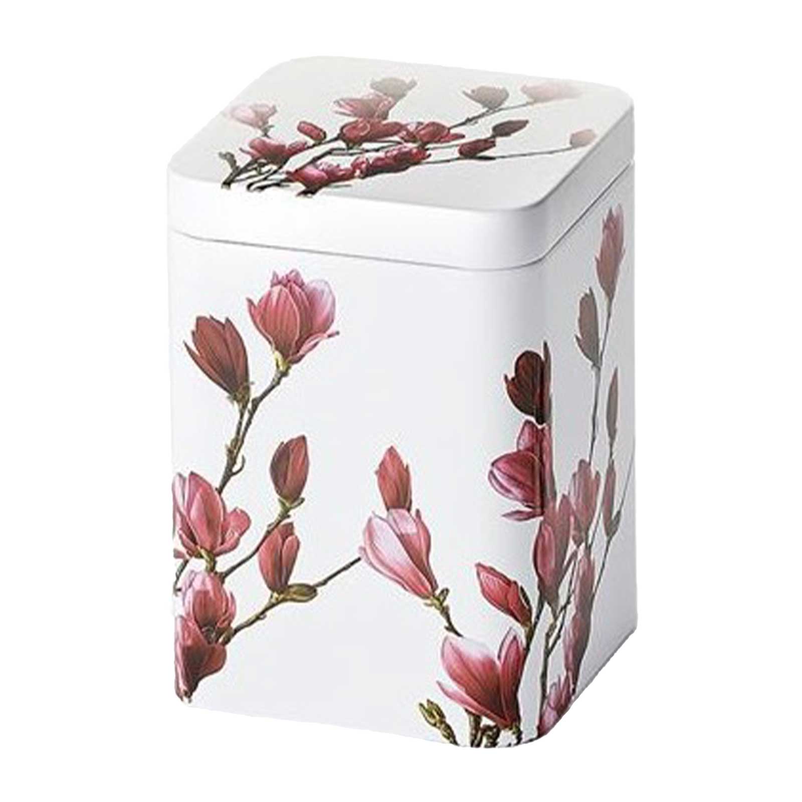 Boîte à thé D&B Mayumi 100g décorée de fleurs de magnolia violettes photoréalistes sur fond blanc