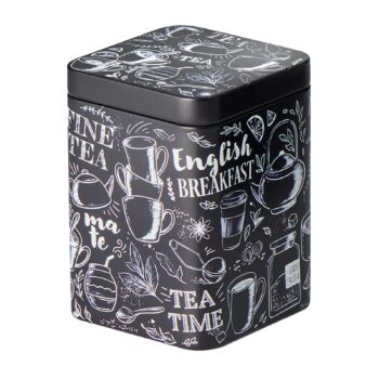 Boîte à thé noire D&B façon tableau noir avec illustrations blanches de théières et tasses, capacité 100g