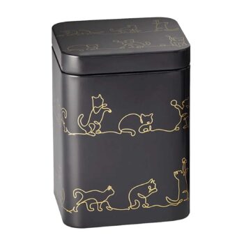 Boîte à thé D&B Shadow 100g noire mate avec motifs de chats stylisés en fil d'or, couvercle hermétique