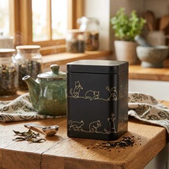 Boîte à thé noire mate D&B Shadow avec motifs de chats dorés, couvercle coulissant hermétique, sur une table en bois avec du thé et une théière