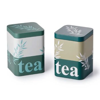 Boîtes à thé D&B Tea Mood en métal vert foncé, blanc et beige, avec motif de feuilles stylisées et couvercles assortis