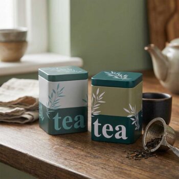 Deux boîtes à thé carrées aux motifs de feuilles stylisées, l'une vert clair et blanc, l'autre vert foncé et beige, sur un plan de travail en bois.