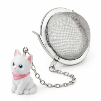 Boule à thé Kohana 5cm avec figurine de chat blanc et foulard rose, maillage fin en acier inoxydable