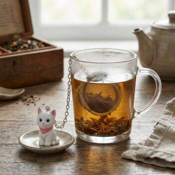 Boule à thé en forme de boule en acier inoxydable avec une figurine de chat blanc attachée par une chaîne, infusant du thé dans une tasse en verre transparente